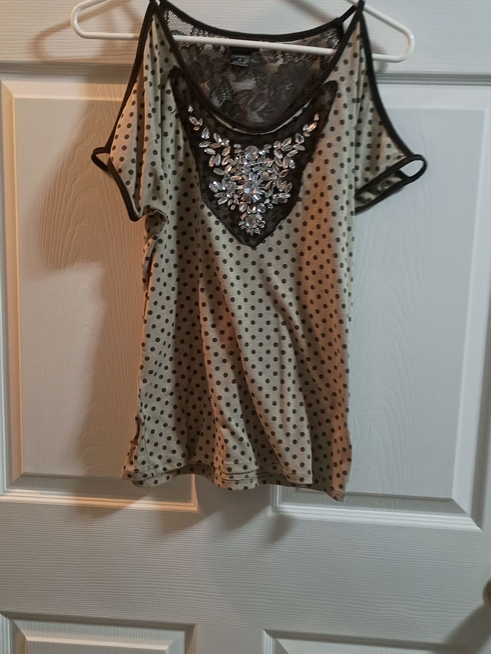 Daytrip Beige Polka Dot Cold-Shoulder Top with Black Trim & Jewel Yoke
